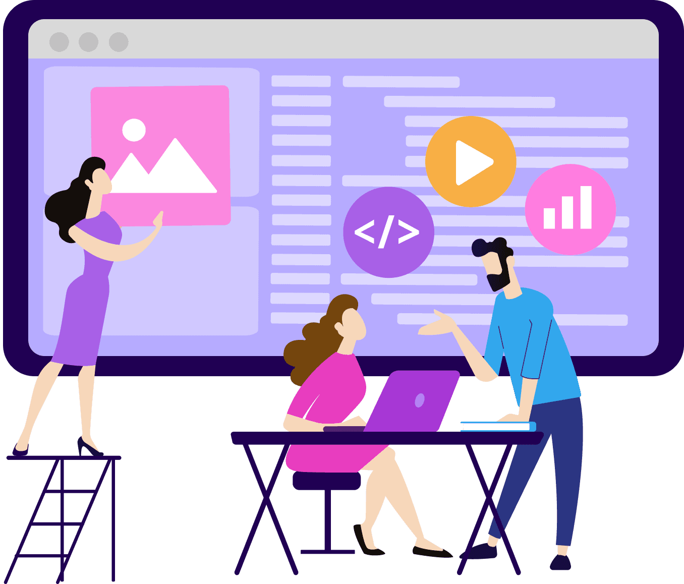 Ilustración de un equipo colaborativo de desarrollo y diseño web trabajando en una interfaz digital. Una mujer en una escalera coloca una imagen en una gran pantalla, mientras otra mujer trabaja en una laptop y un hombre explica algo. El fondo incluye íconos que representan programación, contenido de video y análisis de datos.